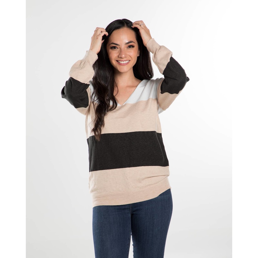 Beige Black Knitted Color Block Sweater - Picture 7 of 7